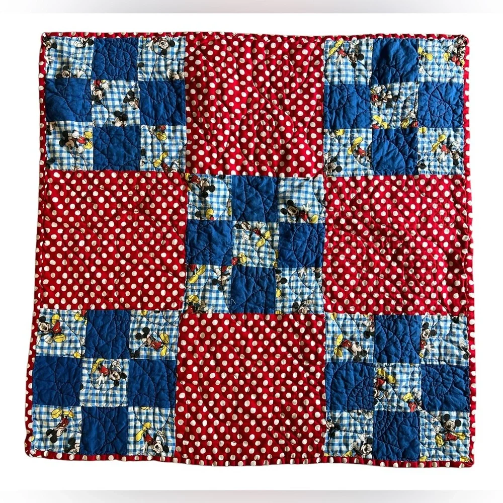 Mickey Mouse Handmade Patchwork Square Baby Quilt Nursery Blue Red Polka Dot 29”